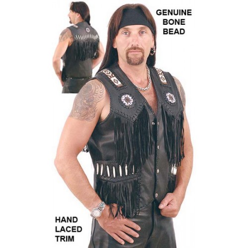 2015 New fashion Black Western Leather Vest with Indian Beading for mens 
